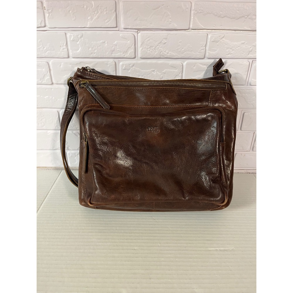 Old Trend Crossbody Bag Women Medium Brown Leather Floral Lining Multi Pocket